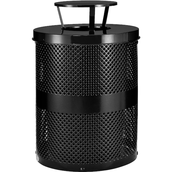 Global Industrial Outdoor Perforated Steel Trash Can With Rain Bonnet Lid, 36 Gallon, Black 261927BK - main